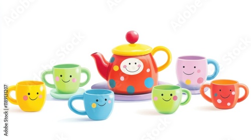 Colorful toy tea set with smiling cups and teapot for imaginative playtime photo