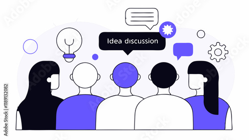 Five people sit in a row and discuss ideas, as indicated by various dialogue and thought icons. The group appears in a simplified, modern style with speech bubbles and gears.AI