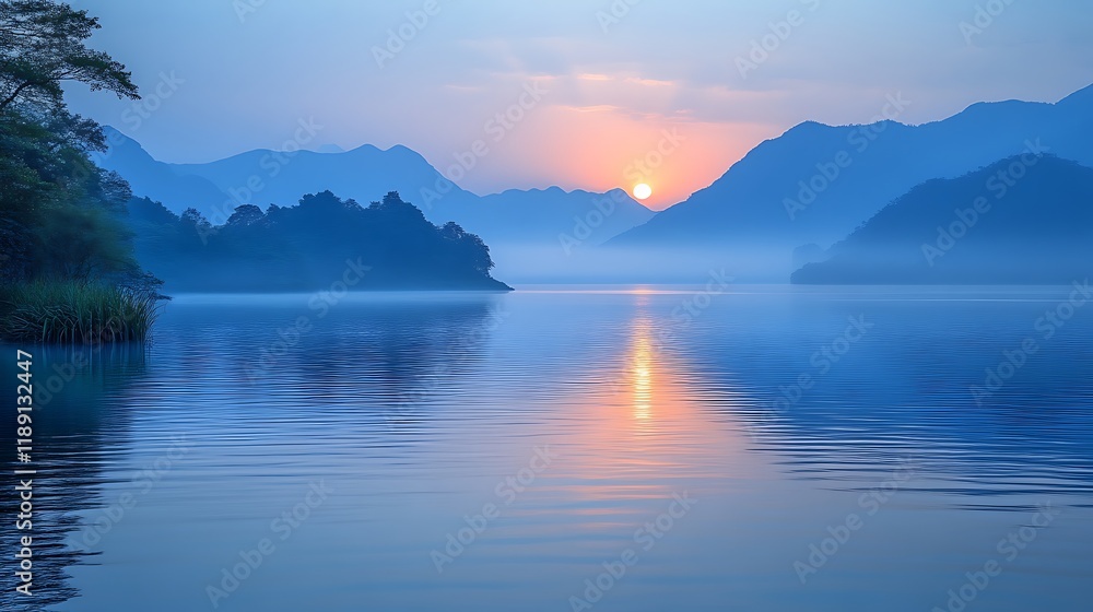 Fototapeta premium Serene Sunrise Over Misty Mountain Lake