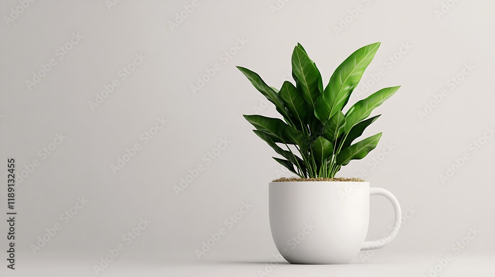Creative 3D Render of a Green Plant in a Coffee Cup Shaped Pot on a Minimalistic Background, Perfect for Nature and Interior Design Themes Creative 3D Render of a Green Plant in a Coffee Cup Shaped Pot on a Minimalistic Background, Perfect for Nature and Interior Design Themes