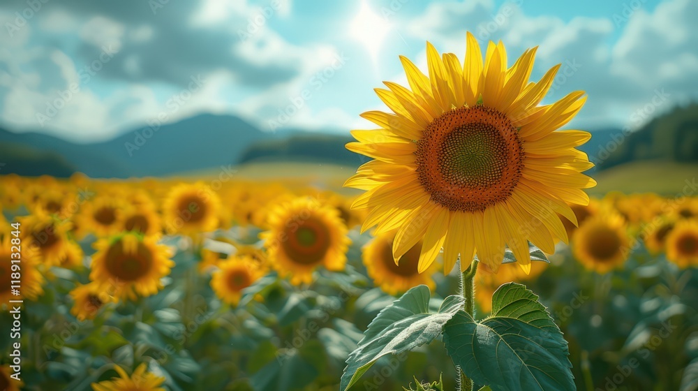 Obraz premium Vibrant sunflower in a field, sunny day, mountains background. (1)