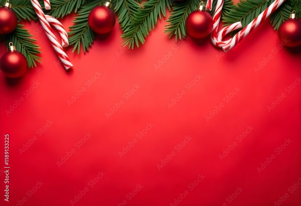 Christmas tree branches with red ornaments and candy canes on a red background Christmas tree branches with red ornaments and candy canes on a red background