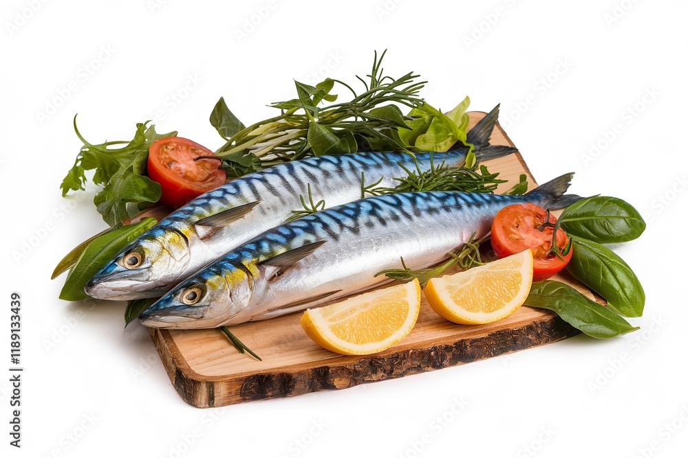 Two fish are on a wooden cutting board with a variety of vegetables including to Two fish are on a wooden cutting board with a variety of vegetables including to