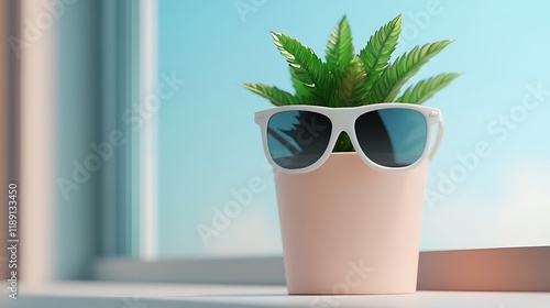 Cheerful 3D Rendering of a Potted Plant Wearing Stylish Sunglasses in a Bright Sunny Environment by the Window