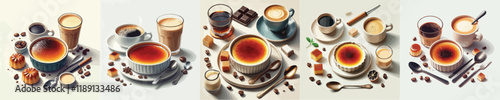 collection of creme brulee dishes and sweet drinks