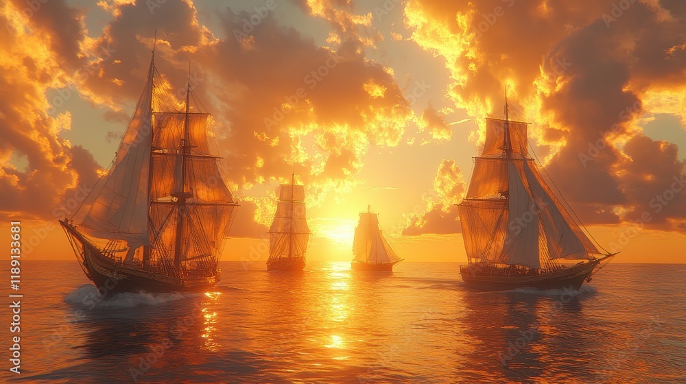 Obraz premium Sailing ships at sunset with vibrant clouds reflecting on the water.