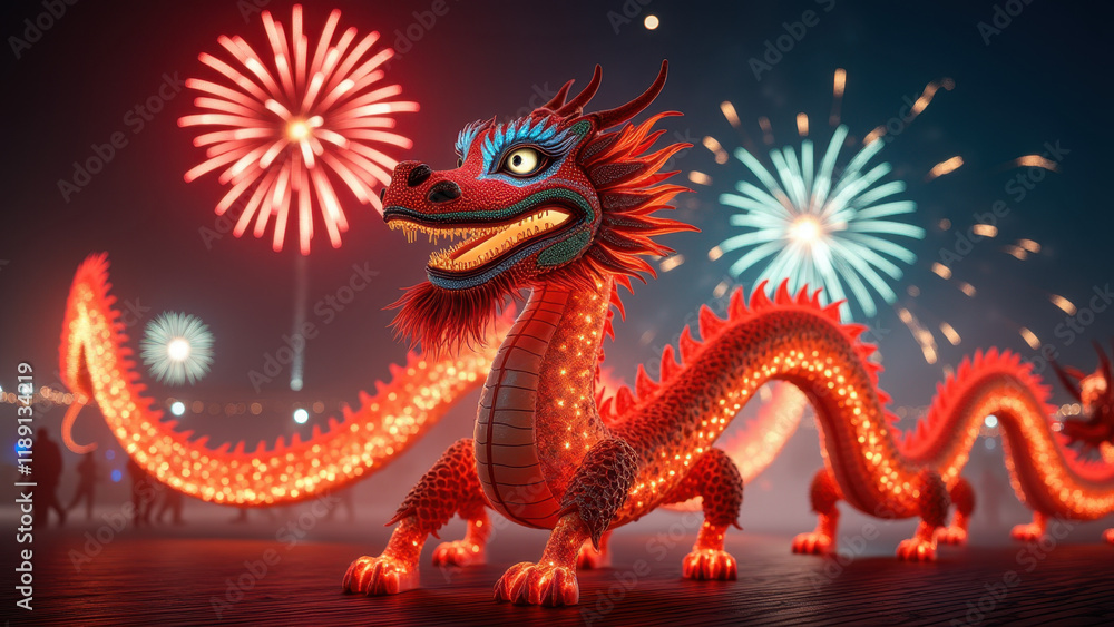 Obraz premium Illuminated Dragon, Chinese New Year Fireworks - Festive celebrations