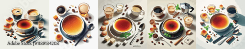 collection of creme brulee dishes and sweet drinks