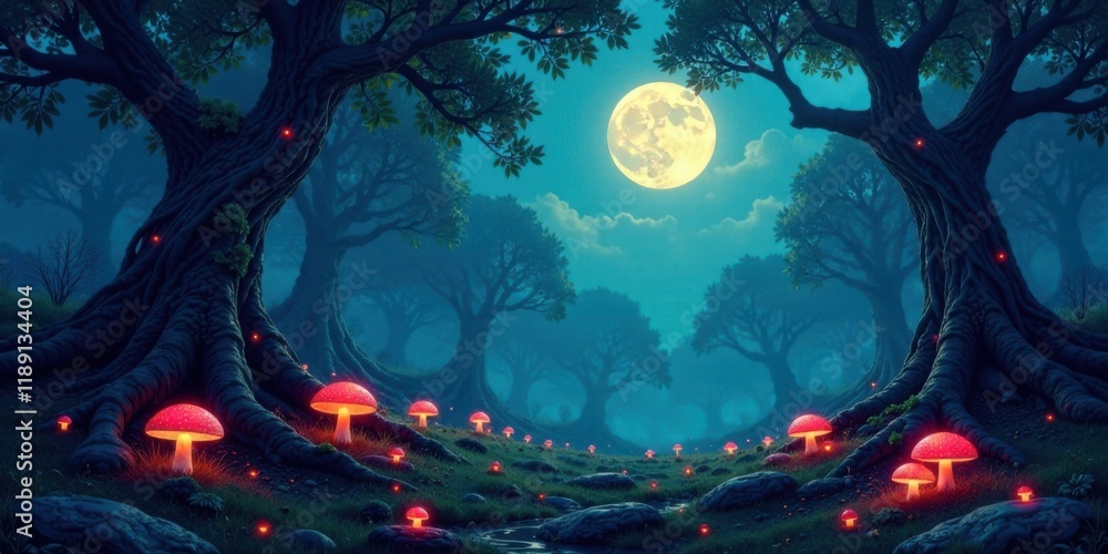 Obraz premium Enchanted Forest at Night Glowing Mushrooms and Ancient Trees under a Full Moon