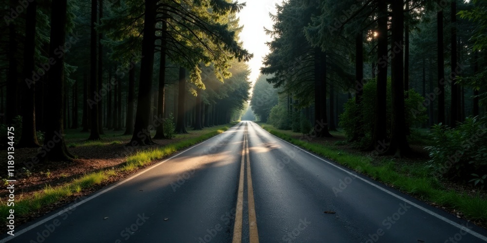 Fototapeta premium Sunlit Asphalted Road Through a Lush Forest Canopy