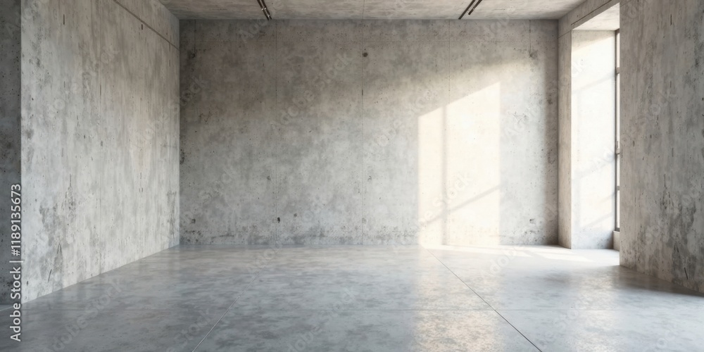 Empty industrial space with concrete walls and large window showcasing sunlight Empty industrial space with concrete walls and large window showcasing sunlight