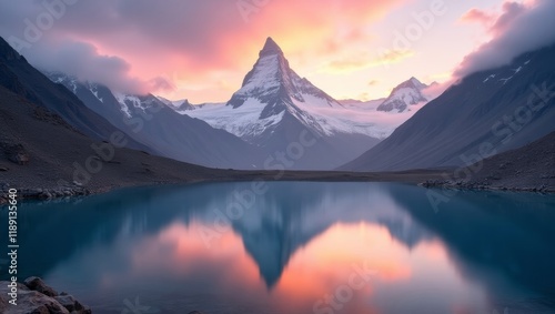 Breathtaking mountain landscape at sunrise with a tranquil lake reflecting the snow-capped peaks. Ideal for nature, adventure, and travel-related themes. photo