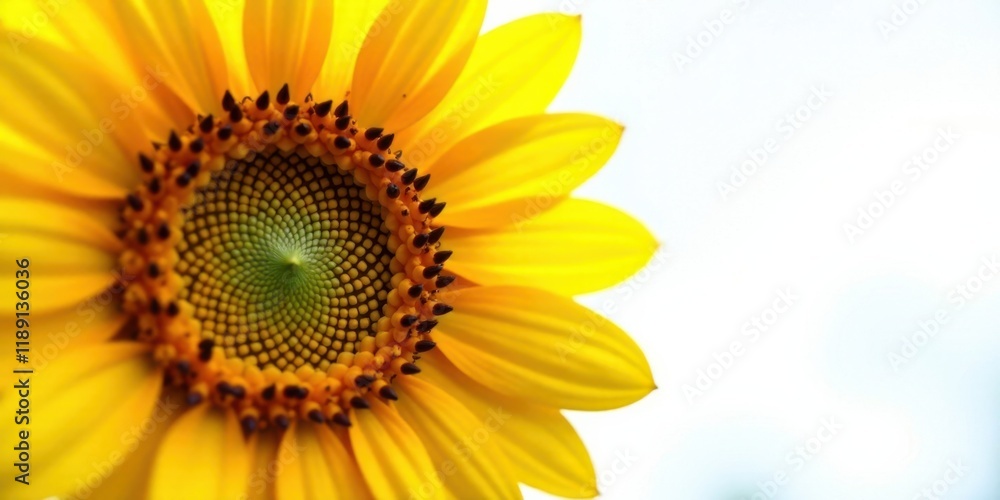 Naklejka premium Close-up view of a vibrant yellow sunflower, showcasing the intricate detail of its disk florets and petals against a soft, bright background