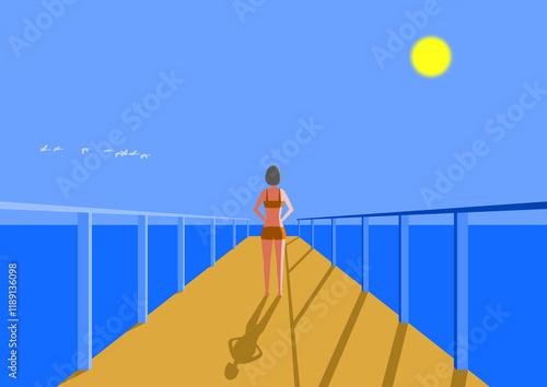 Obraz na plátně Femme en maillot de bain sur un embarcadère devant la mer et le ciel