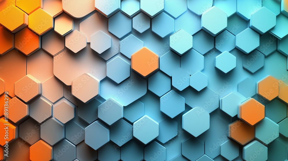 Futuristic design featuring blue and orange hexagons in dynamic pattern, creating visually striking and modern aesthetic. Perfect for technology and design themes Futuristic design featuring blue and orange hexagons in dynamic pattern, creating visually striking and modern aesthetic. Perfect for technology and design themes