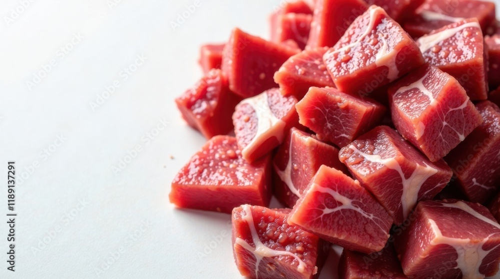 A Close-Up View of Freshly Cut Cubes of Red Meat Ready for Cooking A Close-Up View of Freshly Cut Cubes of Red Meat Ready for Cooking