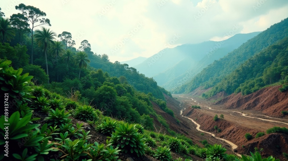 Fototapeta premium Serene Mountain Valley Landscape with Lush Tropical Vegetation and Eroded Riverbed