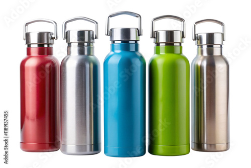 Vibrant metallic water bottles in various hues, ideal for maintaining hot or cold beverages on the go, designed for durability and style photo