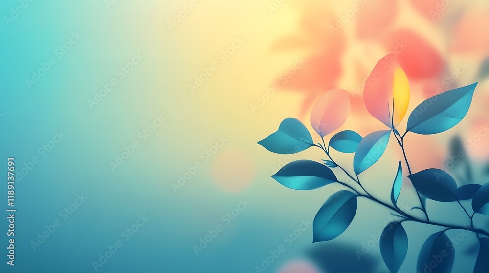Teal Leaves Branch Soft Pastel Background
