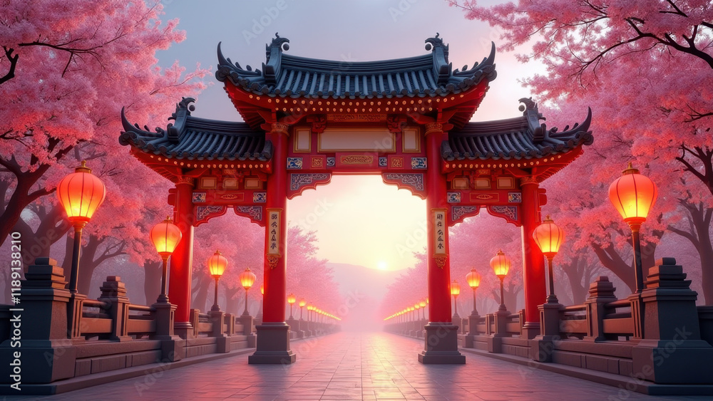 Fototapeta premium Serene Cherry Blossom Archway, Asian Gate - Asian-inspired aesthetics