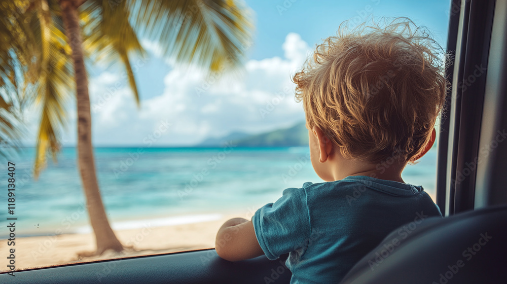 Fototapeta premium Little toddler boy looking at ocean or sea water and sand beach with palm trees through car window. drive transportation to summer holiday or vacation, vehicle road trip, kid, child, copy space.