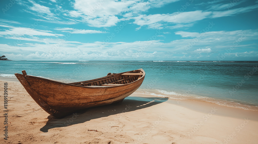 Rustic wooden boat on ocean or sea sand beach, azure water and blue sky with clouds background, copy space. tropical summer vacation shore or coast, vintage fisherman transport, retro island. Rustic wooden boat on ocean or sea sand beach, azure water and blue sky with clouds background, copy space. tropical summer vacation shore or coast, vintage fisherman transport, retro island.