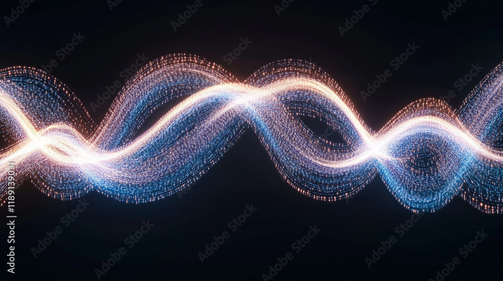 Fototapeta premium Abstract blue and orange light waves create dynamic visual effect on dark background, showcasing fluid motion and energy. This captivating design evokes sense of rhythm and flow