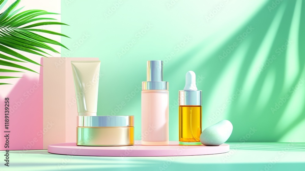 A stylish arrangement of skincare products on a pastel background.