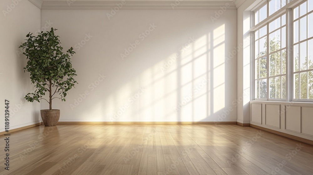 Fototapeta premium Bright and spacious empty room with wooden flooring and natural light