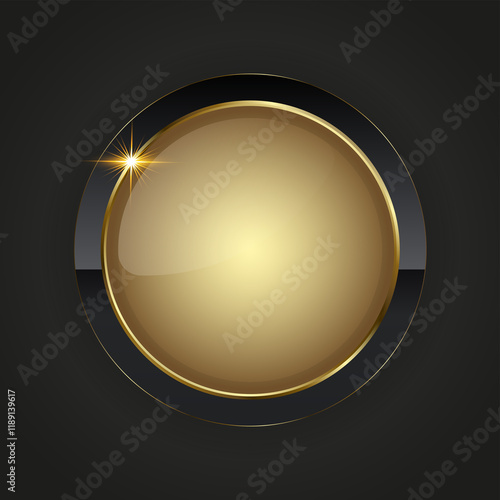 a luxurious circular button design featuring a golden center with a reflective sheen. The button is outlined by a sleek gold border, complemented by a black background