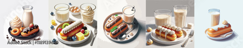 collection of sweet eclairs and milk dishes