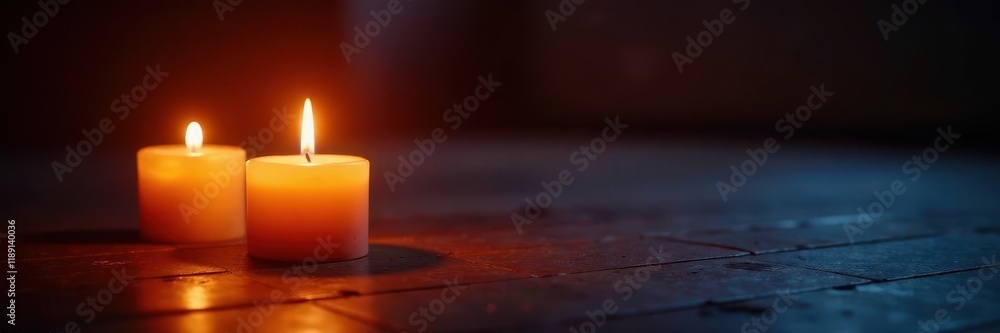 Flickering candlelight illuminates dark floor, texture, burning Flickering candlelight illuminates dark floor, texture, burning
