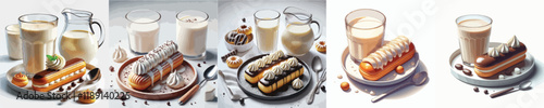 collection of sweet eclairs and milk dishes