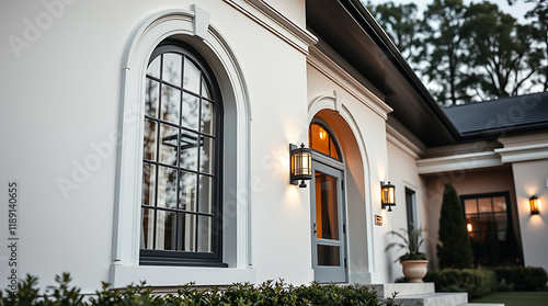 Elegant Home Exterior: Modern Architecture and Classic Design. Luxury Real Estate, Residential Property, Stunning Facade, Evening Lighting