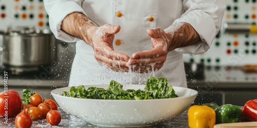 Chef Preparing Fresh Salad with Vegetables photo