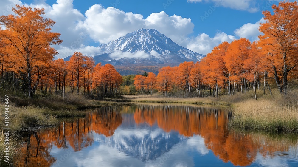 Fototapeta premium Autumn Trees Reflecting in Calm Water Beside a Snowy Mountain