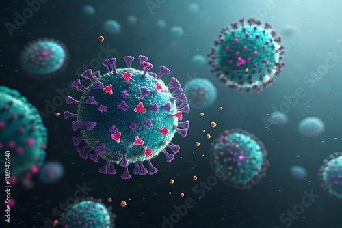 Microscopic view of viruses, spherical coronavirus particles, teal and purple color scheme