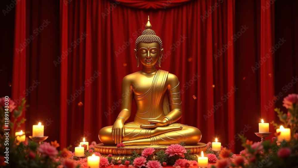 Fototapeta premium Golden Buddha Statue, Peaceful Meditation - Mindfulness & Meditatio.