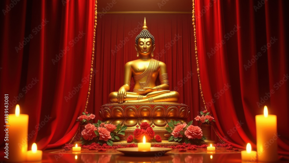 Obraz premium Golden Buddha Statue, Red Curtains, Candles - Spirituality