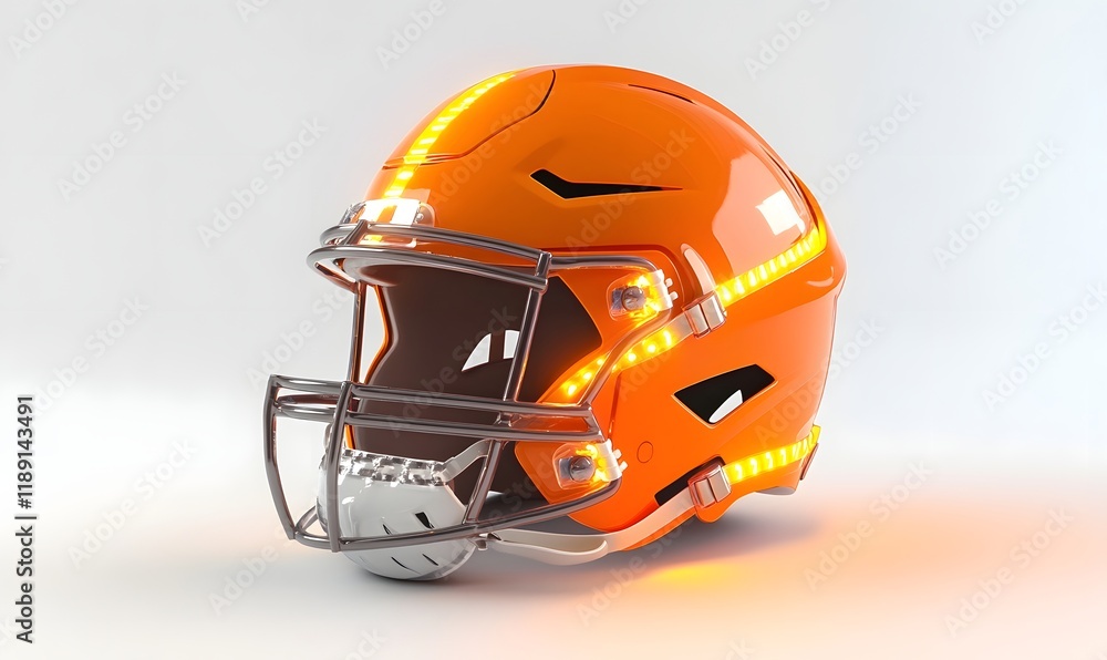 Fototapeta premium Illuminated orange football helmet on white background.