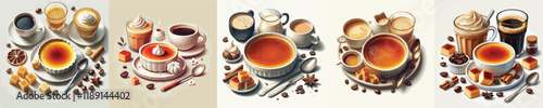collection of creme brulee dishes and sweet drinks