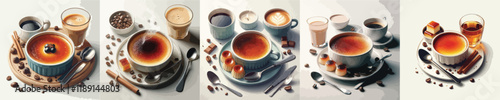 collection of creme brulee dishes and sweet drinks