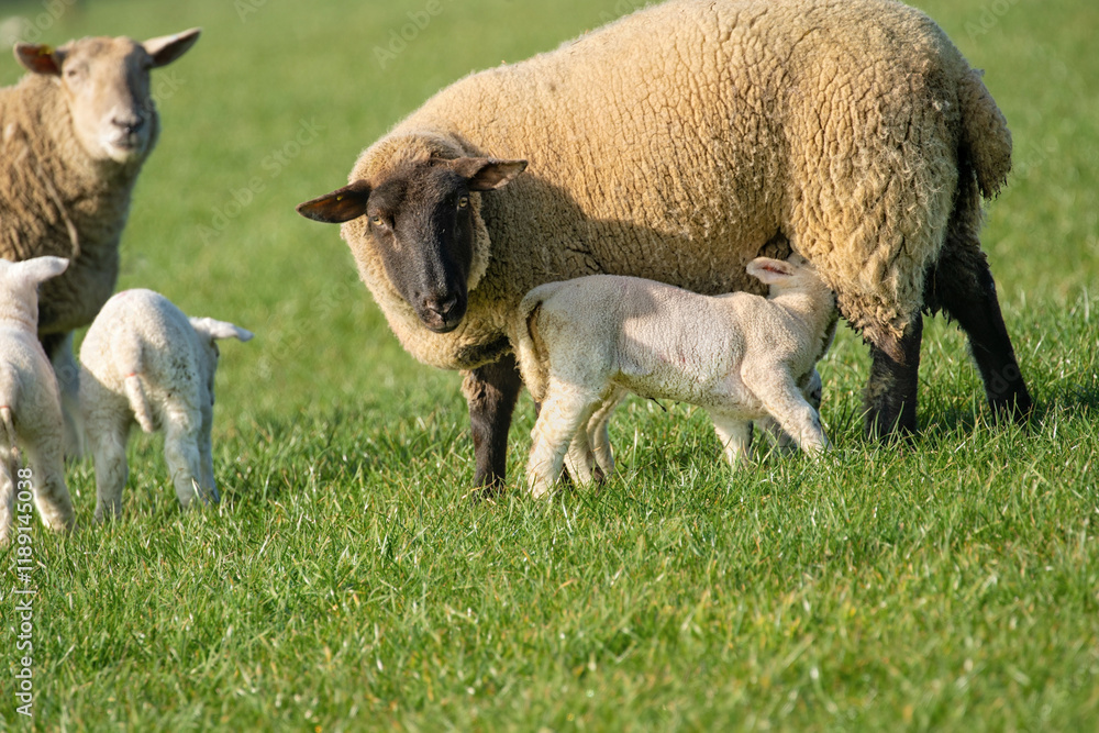 A ewe lovingly nurses her lamb in a lush green pasture, with other lambs and sheep peacefully grazing nearby. A ewe lovingly nurses her lamb in a lush green pasture, with other lambs and sheep peacefully grazing nearby.