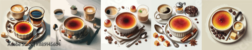 collection of creme brulee dishes and sweet drinks