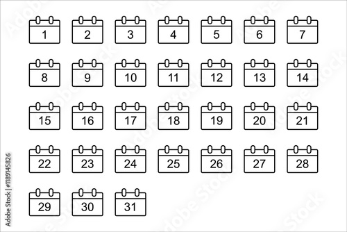 Calendar icons collection 1, 2, 3, 4, 5, 6, 7, 8, 9, 10, 11, 12, 13, 14, 15, 16, 17, 18, 19, 20, 21, 22, 23, 24, 25, 26, 27, 28, 29, 30. All days of yea. Vector illustration