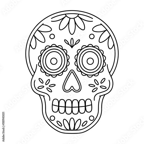 A skull with flowers and leaves on it. The skull is drawn in black and white, vector coloring page