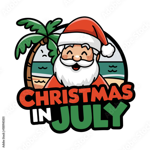A cartoon of Santa Claus smiling and wearing a red hat. Vector image is titled Christmas in July