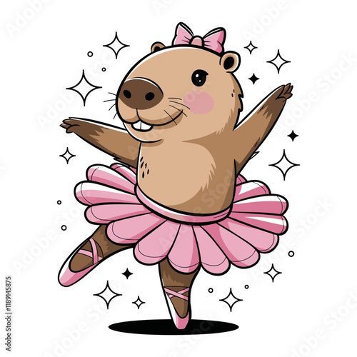 A cute cartoon capybara is wearing a pink tutu and dancing. The capybara is smiling and having fun