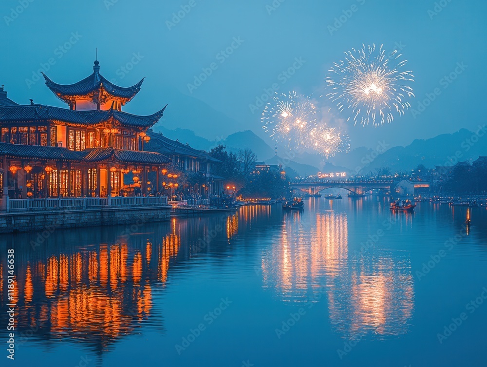Obraz premium riverside scene featuring illuminated traditional Chinese architecture, glowing lanterns reflecting on the water, and vibrant fireworks lighting up the evening sky amidst a serene mountain backdrop.