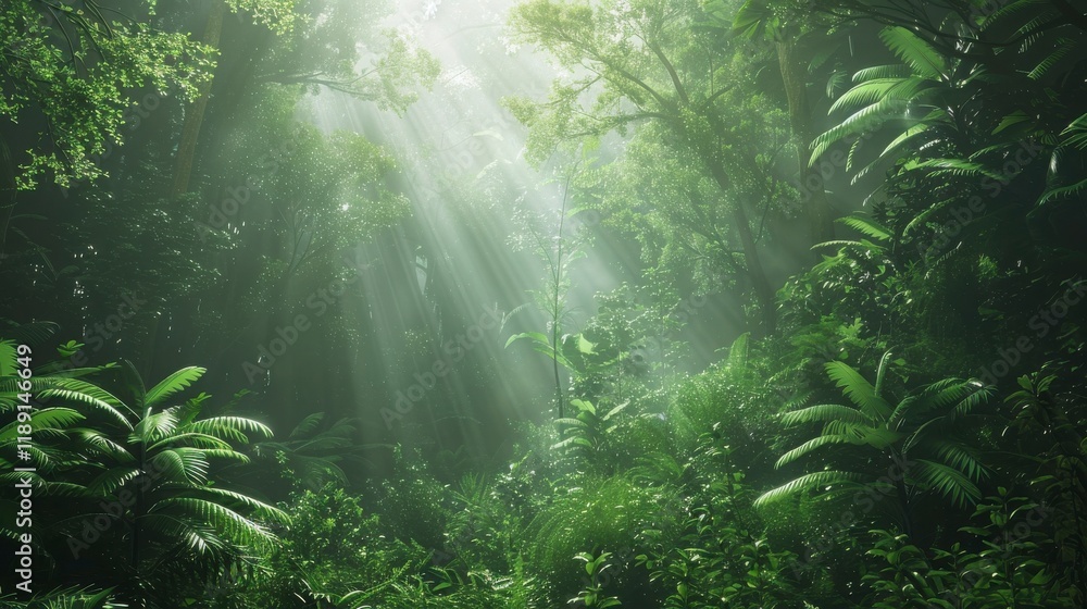Fototapeta premium Lush Green Forest with Sunlight Streaming Through Canopy Creating a Serene and Peaceful Atmosphere in a Tropical Rainforest Landscape